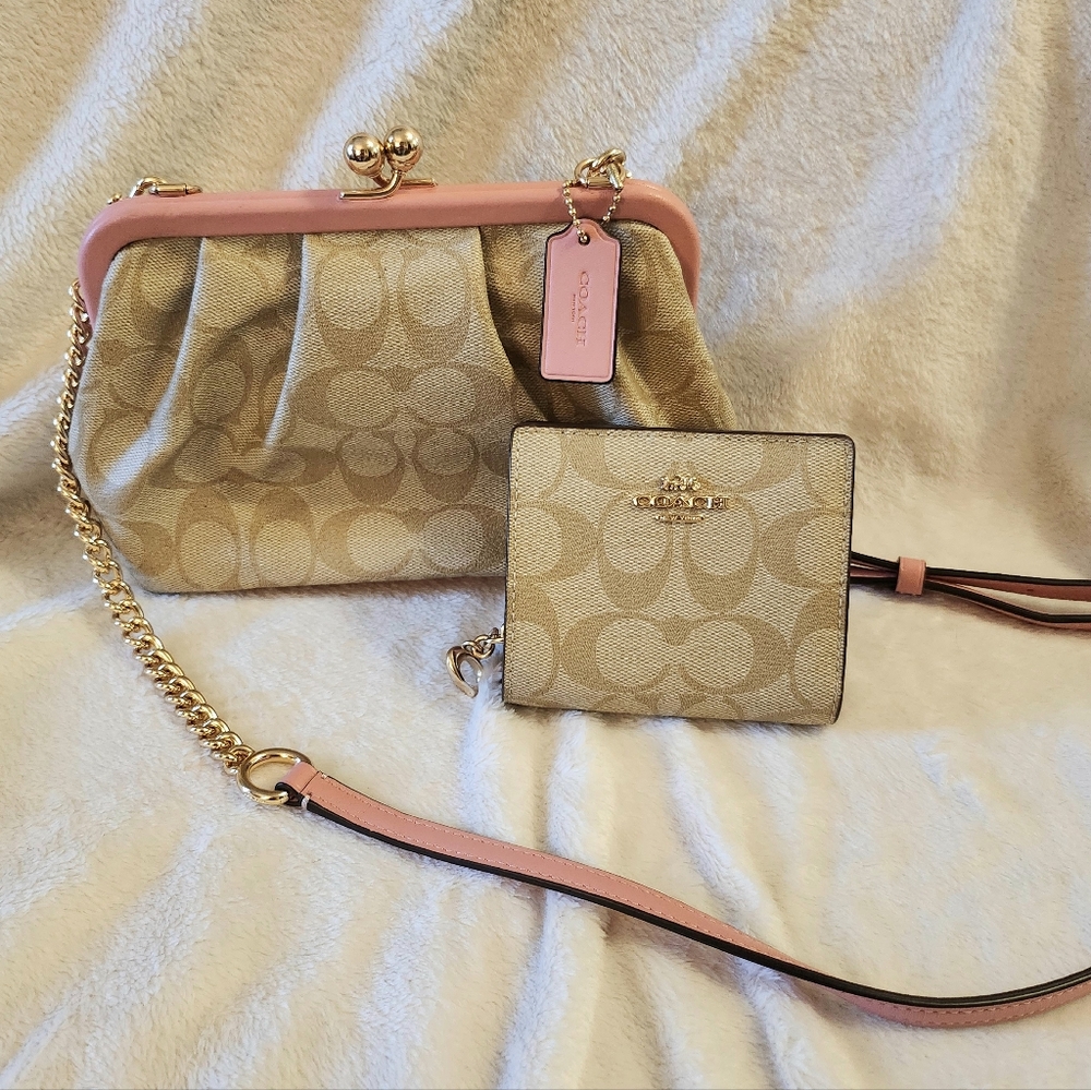Coach Nora Kisslock Crossbody & Wallet in Signature Light Khaki and Bubblegum